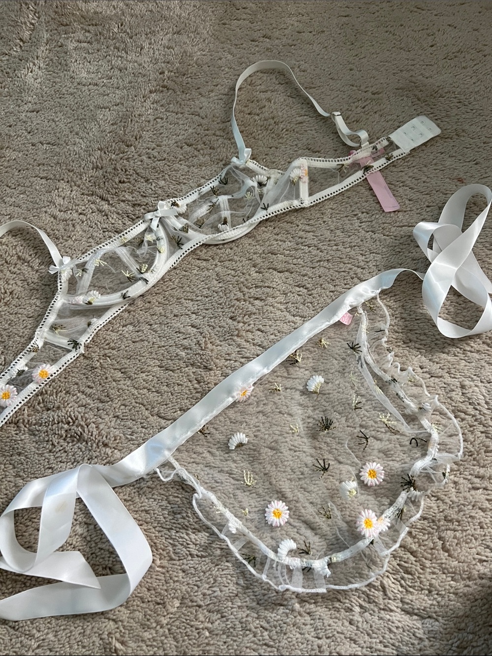 Sheer Daisy Embroidered Lingerie Set in White